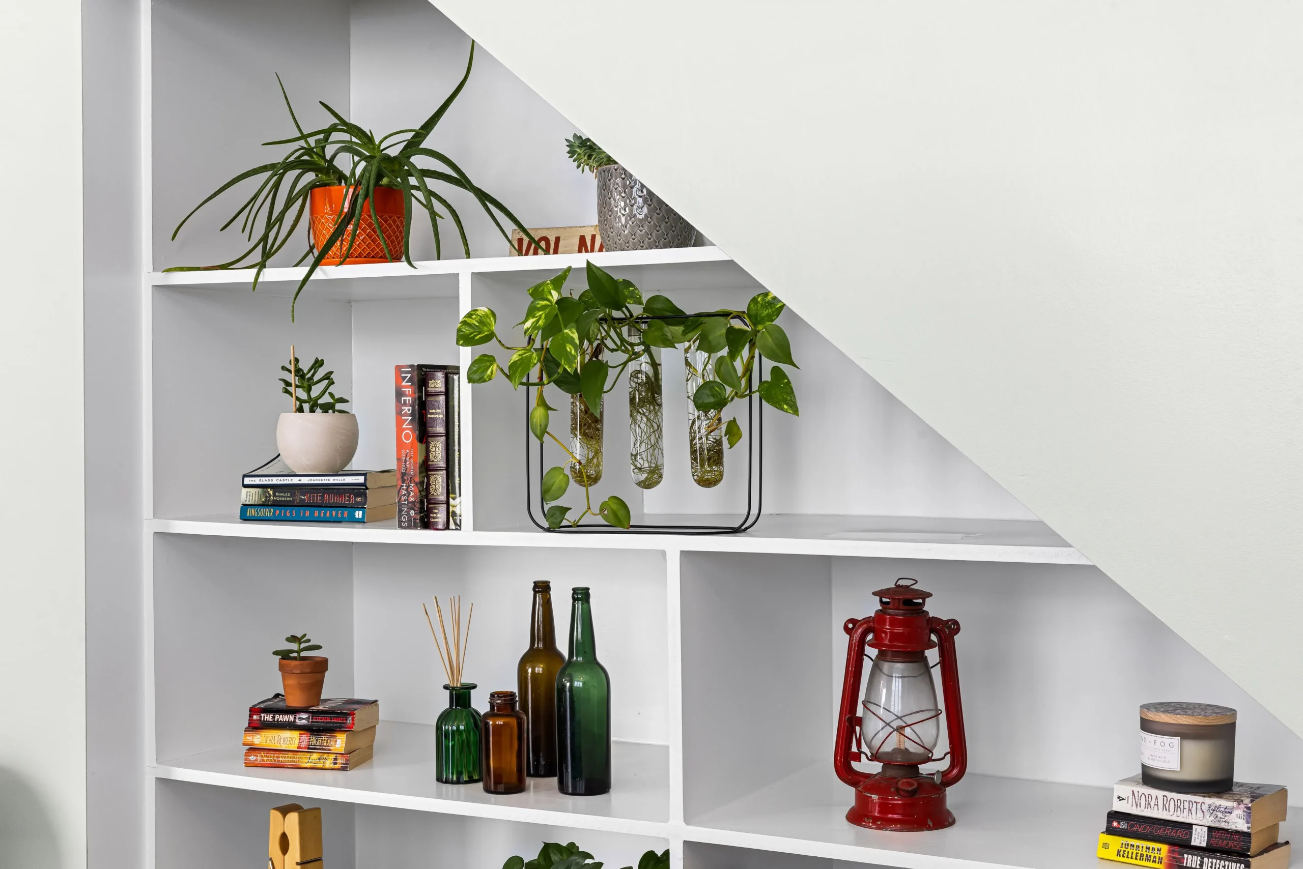 Étagère végétale avec pothos retombants et succulentes