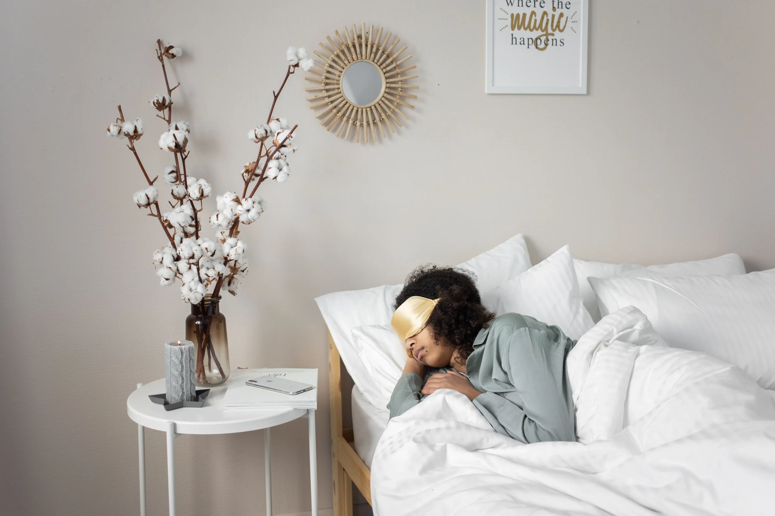 Plante d'intérieur posée sur une commode dans une chambre à coucher
